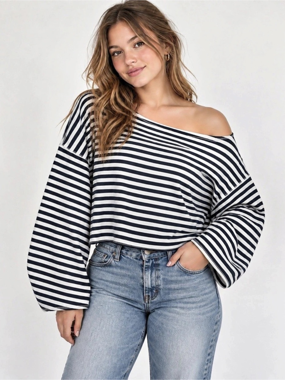 Hollister Striped Off-the-Shoulder crop Sweatshirt Blue & White XL